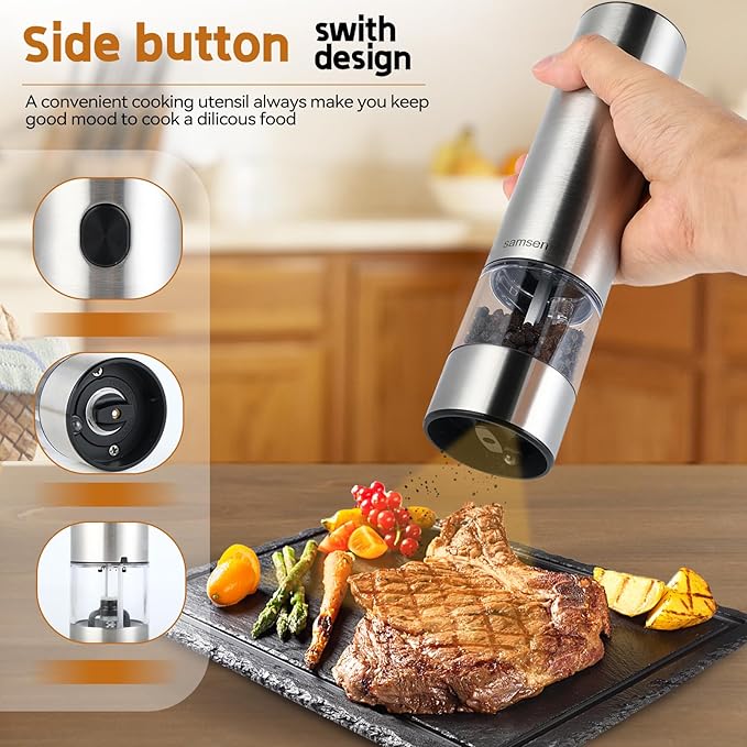 Stainless Steel Electric Pepper Grinder & Salt Mill Set - Battery Operated One-Hand Operation Adjustable Coarseness LED Light Transparent Container Easy Refill & Clean Push-Button Switch (2 Pack)
