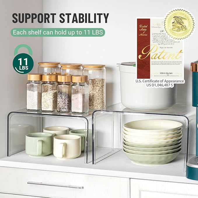 Clear Spice Rack Shelves, Pantry Organizers and Storage Set of 4, Display Shelf Organizer, Room Bathroom Desk Shelf Countertop Organization and Storage, Ideal for Kitchen Cabinet Organizer Shelf