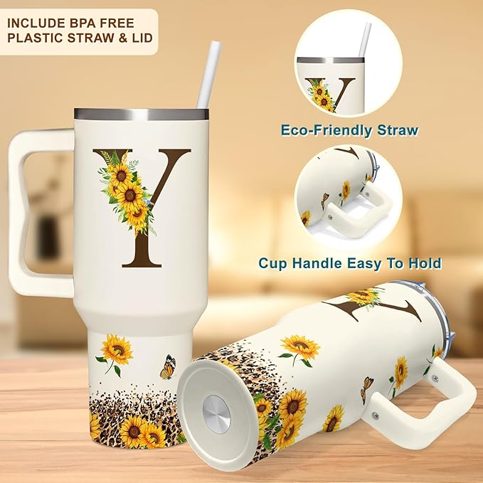 Personalized Birthday Gifts For Women - Sunflowers Monogrammed Cup For Boss Day, Christmas - Customized Gifts For Women, Mom, Wife, Coworkers, Boss Lady, Her - Custom Tumbler With Handle 40oz