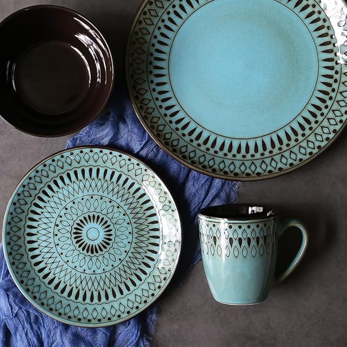 Ceramic Dinnerware Set of 4, 4 Pieces Porcelain Dinner Plate, Bowl, Mug for Kitchen – Unique Gift Idea, Scratch Resistant Dishes, Dishwasher & Microwave Safe (Peacock Green)