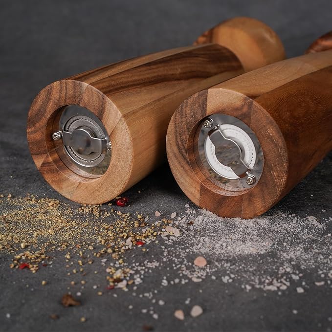 Salt and Pepper Mill Set with Tray, Adjustable Ceramic Grinder Salt Mill, Stainless Steel Grinder Pepper Mill, Acacia Wood, 20.5 cm/ 8 Inch Height, Bottom Dia 6 cm /2.36 inch