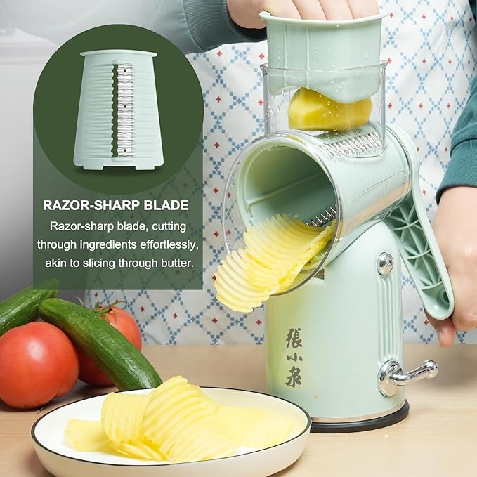 Rotary Cheese Grater Hand Crank with 5-in-1 Interchangeable Blades & Strong Suction Base Vegetables Shredder Manual Slicer for Kitchen, Green