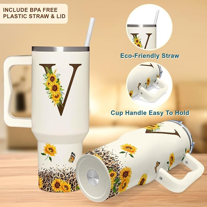 Personalized Birthday Gifts For Women - Sunflowers Monogrammed Cup For Boss Day, Christmas - Customized Gifts For Women, Mom, Wife, Coworkers, Boss Lady, Her - Custom Tumbler With Handle 40oz