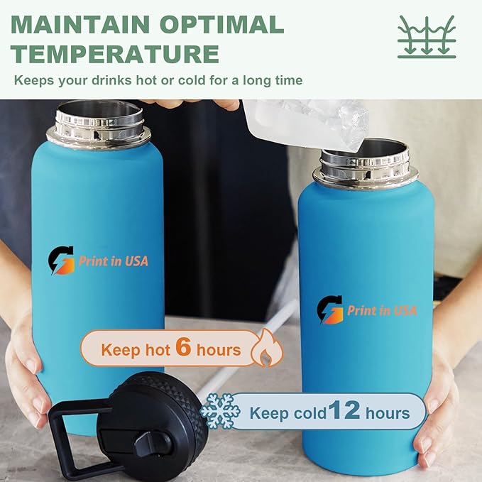 Personalized Custom Print in USA Water Bottle 75Pcs 32oz Stainless Steel Double Wall Coffee Cup with Lid & Straw Insulated Tumbler with Colorful Text Logo Photo