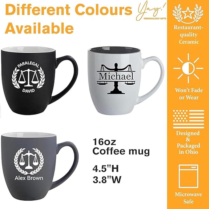 Personalized Lawyer Gifts for Men, 16oz Custom Coffee Mug, Pass the Bar Exam Gifts for Female Lawyers, Office Present for Attorney, JD, Future Lawyer, Law School Graduation Gift for Men