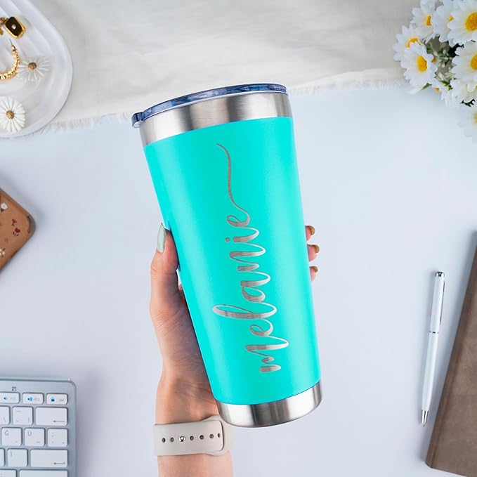Updated, Personalized Tumblers, Stainless Steel 30 oz Tumbler w/Lid |13 Designs| Personalized Cups Double Walled Insulated Coffee Cup for Travel, Fitness | Hot & Cold Drink Use - Teal