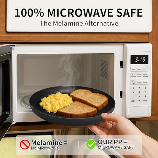 40 Piece RV & Camping Dinnerware Set, Elegant Ceramic-Look Large Bowls & Plates, Unbreakable & 100% Microwave Safe, Melamine Alternative Service for 8, Black