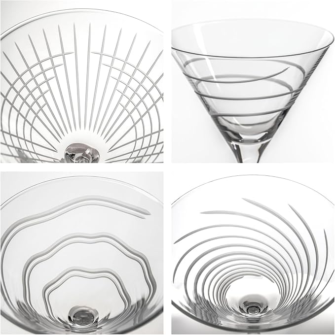 Rolf Glass Symmetry Martini Cocktail Glass | 10oz Martini Glasses | Lead-Free and Diamond-Wheel Engraved | Mixed Contemporary Designs | Made in the USA | Set of 4