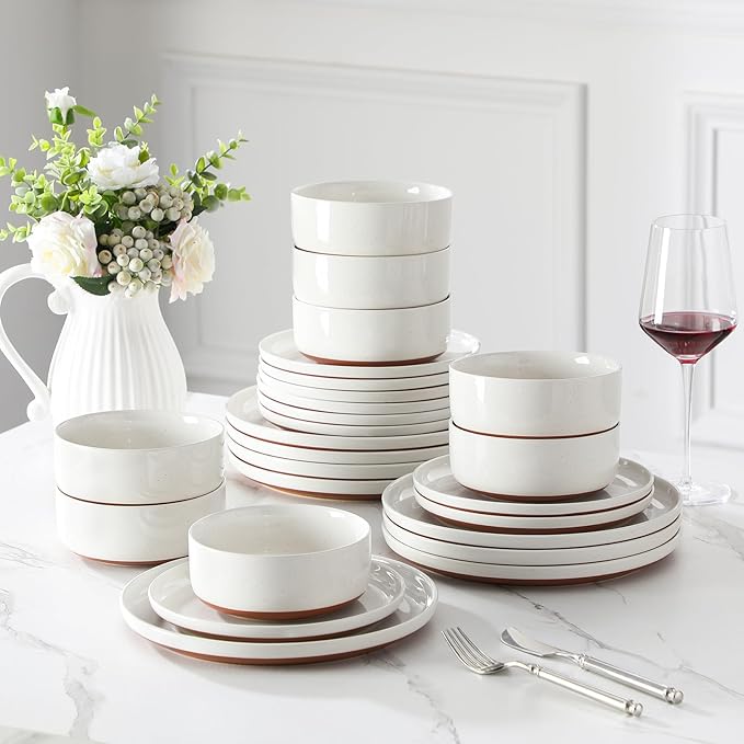 MALACASA Plates and Bowls Sets, 24 Pieces Modern Ceramic Dinnerware Set for 8 Kitchen Stoneware Dishes Dishware Set Microwave and Dishwasher Safe, White, Series TARA