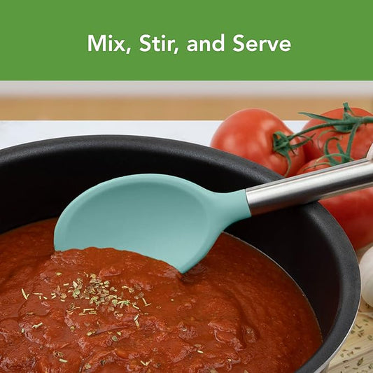 Tovolo Mixing Spoon Stainless Steel Handle Scratch Resistant Non Stick Safe Kitchen Utensil for Cooking Baking Serving Stirring, Heat Resistant Silicone Spoon with Metal Handle Aqua Seafoam Green