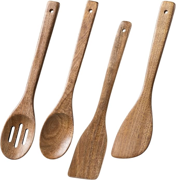 Wooden Spoons for Cooking, 4-Piece Wood Utensil Set Includes Slotted Spoon, Spoon & Wooden Spatula for Cooking – Acacia Wood Kitchen Utensil Set – 12 Inch Hardwearing Tools