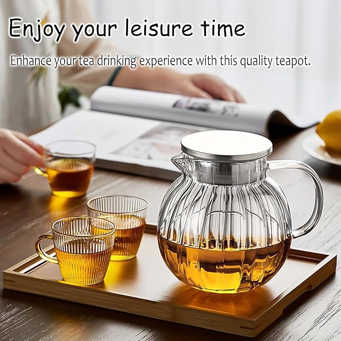 Glass Teapot Stovetop & Microwave Safe, Borosilicate Glass Tea Kettle with Strainer Lid, 44oz/1300ml Glass Teapot for Loose Leaf and Fruit Tea and Fragrant Tea and Blooming Tea (Clear)