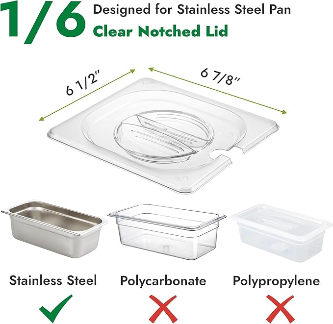 HECMAC 6-Pack 1/6 Size Slotted Hotel Pan Clear Cover, Only for Stainless Steel Food Pan, Polycarbonate