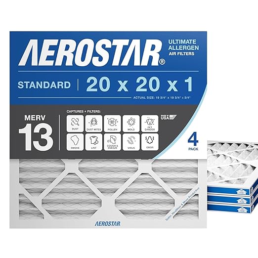 Aerostar 20x20x1 MERV 13 Air Filter, 4 Count, ACTUAL SIZE (19.75 x 19.75 x 0.75), HVAC, Air Conditioning & Furnace Filter for Allergies, Dust, Pet Dander & Smoke (MPR 1500 / FPR 10), Made in USA