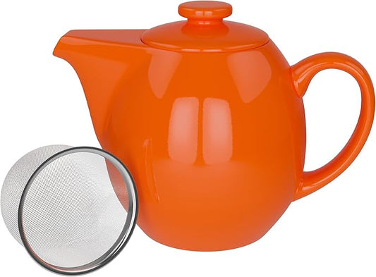 OmniWare 24 Oz Stoneware Teapot with Stainless Steel Mesh Infuser (Orange) - Microwave & Dishwasher Safe, Removable Infuser, Retro-Style Kitchenware Ideal for Loose Tea Brewing
