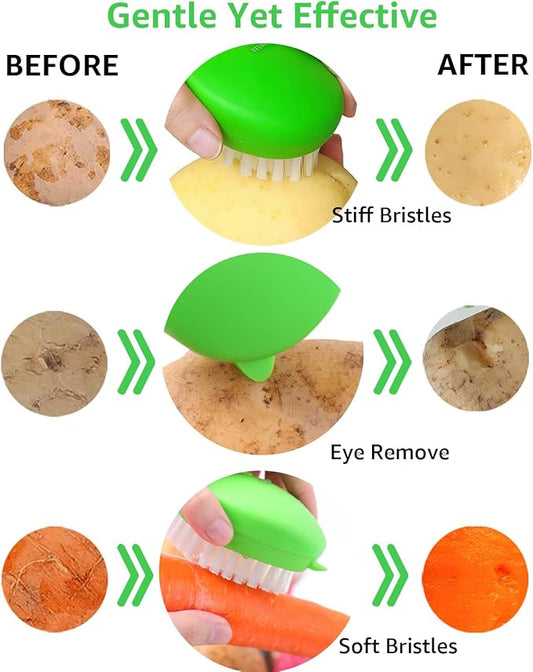 Vegetable Brush – Dual Bristles Veggie Brush & Non-Slip Grip Potato Scrubber for Root Vegetables Fruit and Vegetable Brush • Your Kitchen Essential (Green 2-Pack)