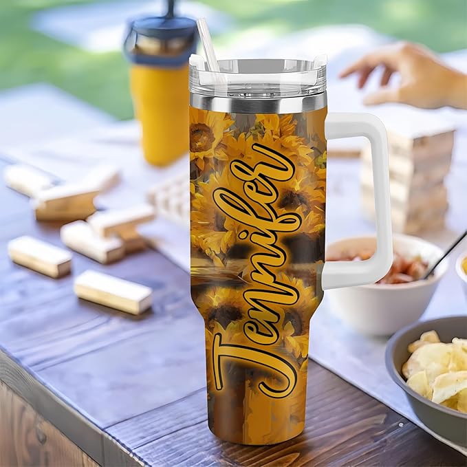 Personalized Sloth 40oz Tumbler with Handle and Straw Gifts for Women Girl, Sunflower Sloth Gifts For Animal Lovers, Birthday Christmas Gift Idea, Custom Name Stainless Steel Travel Cup
