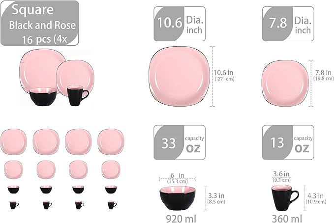 Stoneware Square 16pc Dinnerware Set, Inside Shiny Rose + Outside Matte Black