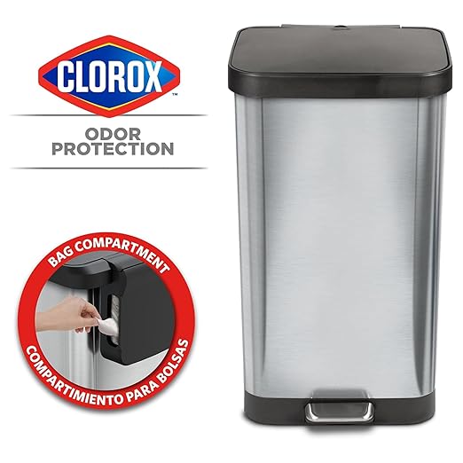Glad Stainless Steel Step Trash Can with Clorox Odor Protection | Large Metal Kitchen Garbage Bin with Soft Close Lid, Foot Pedal and Waste Bag Roll Holder, 20 Gallon, Stainless
