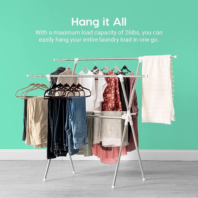 IRIS USA Clothes Drying Rack, Foldable & Extendable Rods for Large Laundry Loads, Collapsible Freestanding Laundry Drying Rack, Anti-Skid Feet, Portable Clothes Rack
