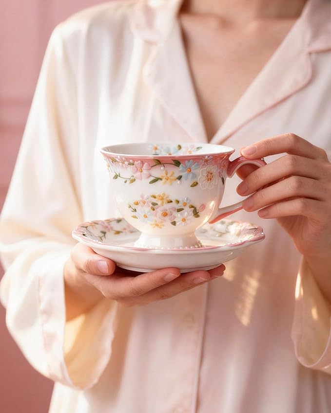 Exquisite Bone China Tea Cups and Saucer Set – Elegant Porcelain Tea Cups, Beautifully Detailed for Tea Lovers, Gift-Ready for Christmas, Hostess, Holiday Gift & Fall Decor