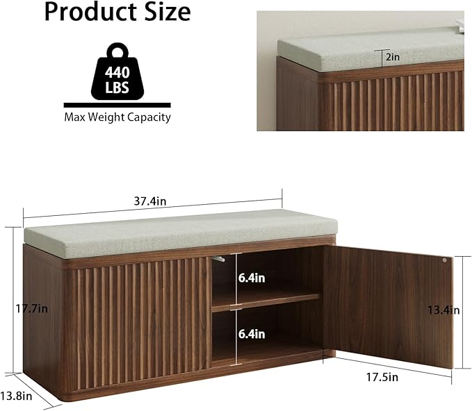 Entryway Shoe Storage Bench with 2" Cushion, 37.4" Small Bench with Shoe Rack, Cabinet Organizer for Hallway，Bedroom End of Bed,Walnut