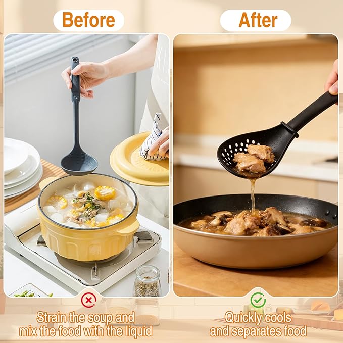 Multifunctional Kitchen Cooking Spoon, Upgraded Heat Resistant Kitchen Utensils Slotted Spoon, Food Grade Cooking Utensils for Cooking, Draining, Mashing, Grating, Separating (Black + Red + White)