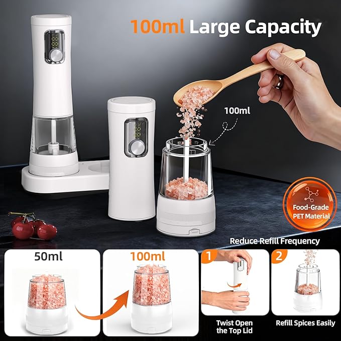 Electric Salt and Pepper Grinder Set-2 Pack Rechargeable Automatic Pepper Mill with Base,5-Level Adjustable Coarseness, Display, LED Lighting, Large Capacity-Ideal for Kitchen, BBQ Gifts (2, White)