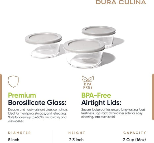 DURA LIVING 6-Piece Glass Food Storage Containers Set (3 Containers + 3 BPA-Free Lids) | 2-Cup, Leakproof | Microwave, Freezer, Oven & Dishwasher Safe | Ideal for Meal Prep & Pantry Organization