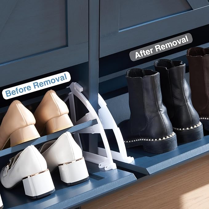 Shoe Storage Cabinet,Farmhouse Shoe Organizer with 4 Flip Drawers & Barn Door Design,Freestanding Hidden Slim Narrow Shoe Rack Cabinet with Open Shelves for Entryway,Foyer,Hallway,Navy Blue