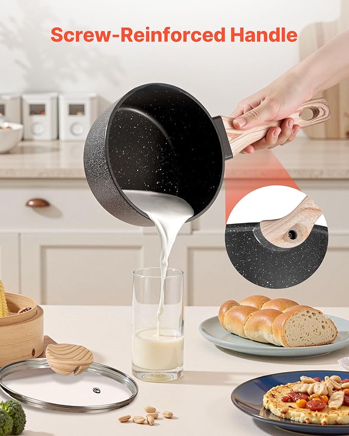 VEVOR Saucepan Set, 1.5 QT & 2.5 QT Nonstick Saucepan with Glass Lids, Multipurpose Cooking Sauce Pots with Detachable Handles, Sauce Pan Kitchen Cooking Pot with Coating, Induction Compatible, Black