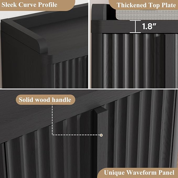 Fluted Shoe Storage Cabinet for Entryway – 45" Tall, 6-Tier Shoe Organizer with 4 Adjustable Shelves, Mid-Century Freestanding Wooden Shoe Rack for Hallway, Living Room, Closet, Black(1PCS)