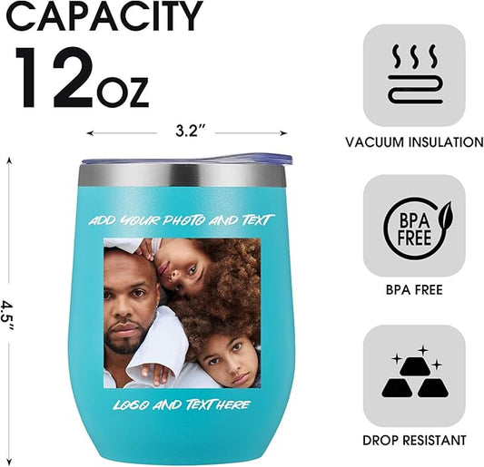 96 Pack Personalized Wine Tumbler,12oz Custom Stainless Steel Coffee Mug,Tumblers with Lids,Customizable with Picture and Names Engraving,Suitable for Woman,Men,Families and Travel