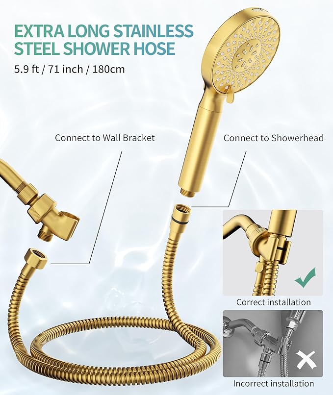 SR SUN RISE Filtered Shower Head with Handheld High Pressure 9 Spray Mode Showerhead Detachable Shower Head Water Softener Filters Beads for Hard Water Remove Chlorine 4 Filters Brushed Gold