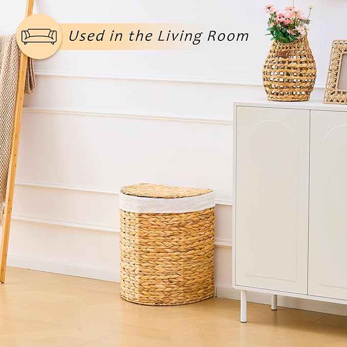 Half Round Wicker Laundry Hamper with Lid and 2 Removable Liner Bags, Handwoven Natural Water Hyacinth Laundry Basket for Dirty Clothes, Natural