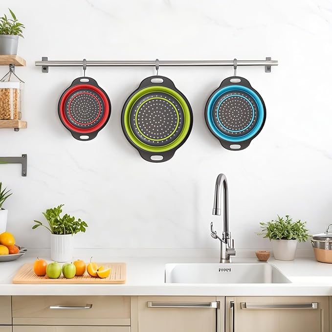 Collapsible Colander 3-Pack Set Space-Saving Foldable Kitchen Strainer with Non-Slip Base Durable Thickened PP+TPE Collapsible Strainers for Pasta, Vegetables, Fruits (Gray-Blue-Red-Green)