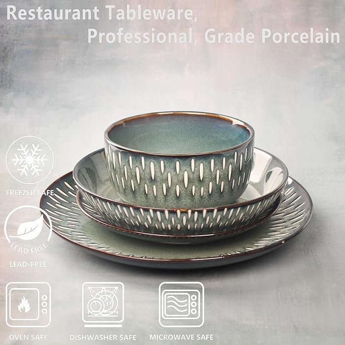 Dinnerware Sets 16 Pieces - Round Reactive Glaze Tableware - Kitchen Dinnerware Porcelain Crockery with Dinner Plate, Bowl and Soup Plate Service for 4, Microwave Dishwasher Safe, Set No.1