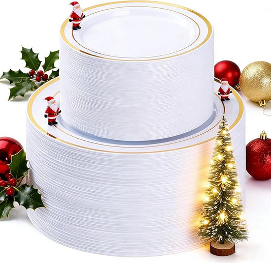 BESTSTAR 200PCS Gold Plastic Plates Set, 100 10.25 inch Dinner Plate and 100 7.5 inch Dessert Plates, Premium Disposable Plates for Party, Wedding