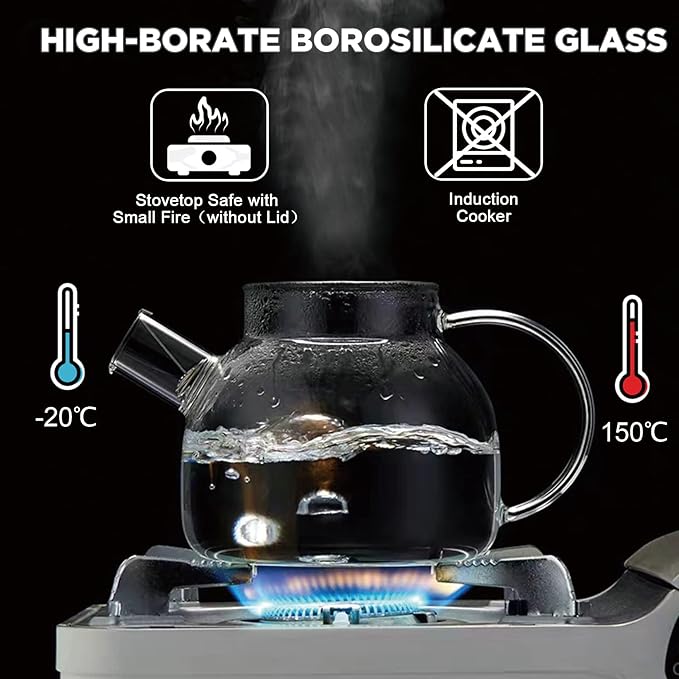 Glass Tea Pot Kettles Stovetop Safe, 33.8oz/1000ml Heatproof Borosilicate Glass Teapot Water Pitcher With Bamboo Lid and Removable Filter Spout for Loose Leaf and Blooming Tea