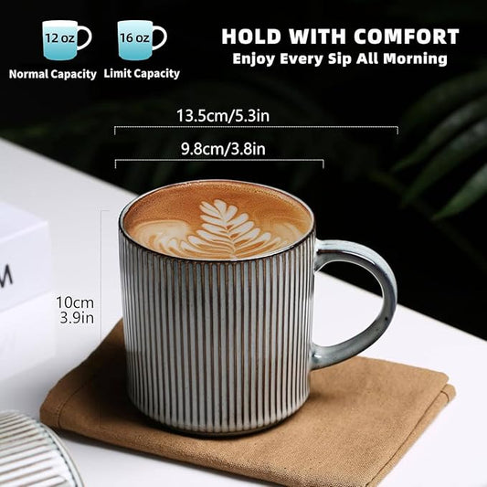 MONITO 16Oz Coffee Mugs Set of 4, Rustic Ceramic Coffee Cups Set with Large Handle, Vintage Striped Stoneware Coffee Mugs for Latte, Cocoa, Tea, Milk, Microwave & Dishwasher Safe, Smoky Blue