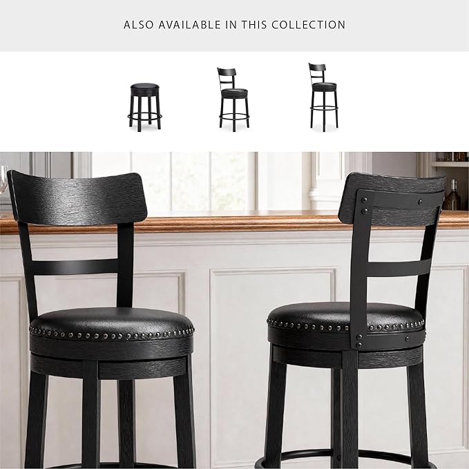 Signature Design by Ashley Valebeck Tall Upholstered Swivel Bar Stool with 360-Degree Swivel and Nailhead Trim, Faux Leather, 30" Seat Height, Black Finish