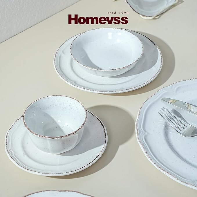 20pc Dinnerware Set, Plate and Bowl Set, Stoneware Dishes Set for 4, Microwave and Dishwahser Safe, Scratch Resistant, French Countryside Speckled Antique White