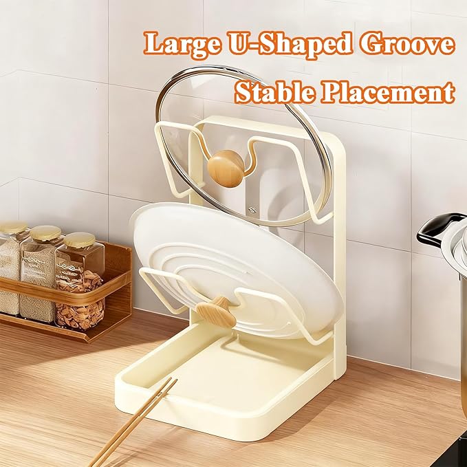Kitchen Pot Lid Storage Rack, Pot Lid Holder While Cooking with Tray, Multifunctional Holder and Spoon Rest, Pot Lid Organizer Rack for Stove Top Countertop, Pot Keeper Collector (White-Single-layer)