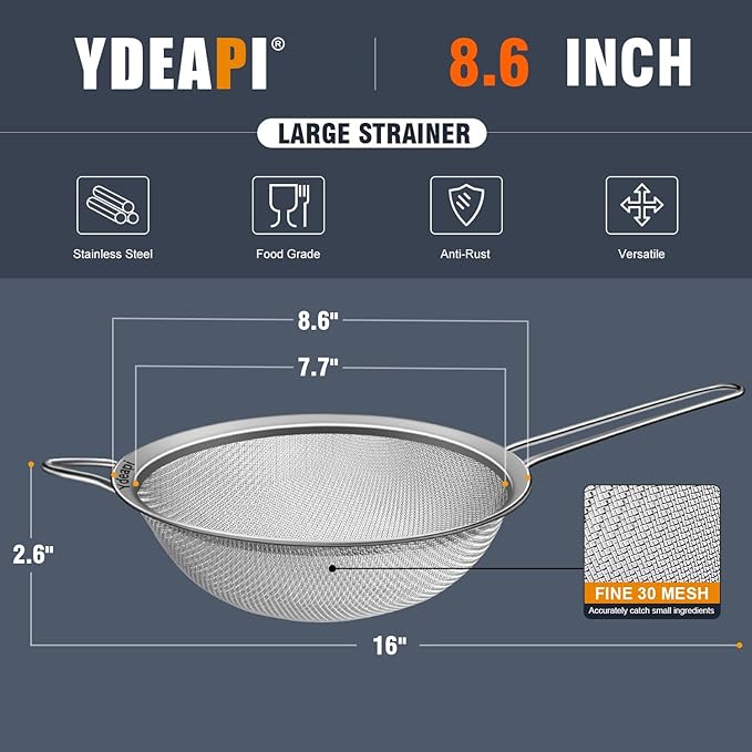 8.6" Large Fine Mesh Strainer with Handle, Metal Food Strainers for Kitchen, Sieve Fine Mesh Stainless Steel for Rice, Quinoa, Pasta, Noodles