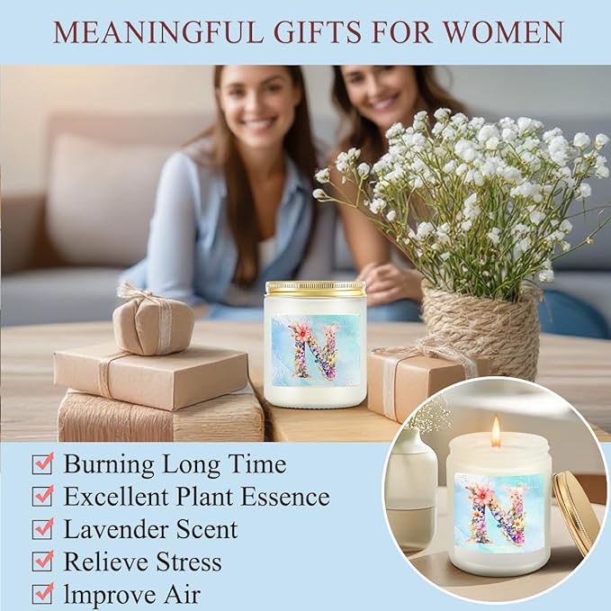 Personalized Gifts Monogrammed Birthday Gifts for Women, Colleague, Leader Mentor Female Farewell Christmas, Initial Wine Tumbler Makeup Bag Scented Candle Bracelet Set, (Aesthetic Blue Flower N)