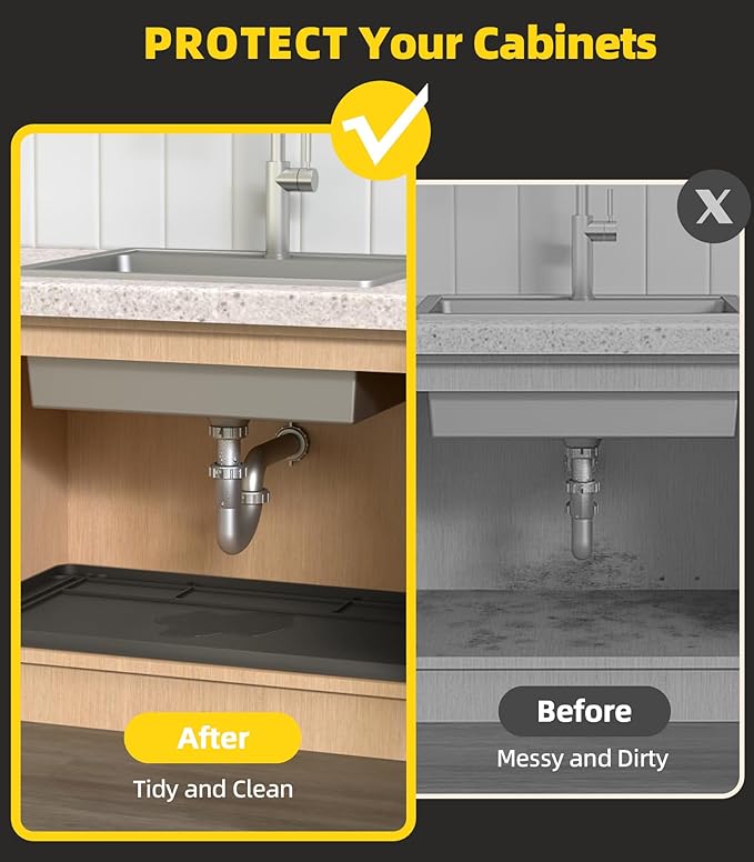 Under Sink Mats for Kitchen Waterproof, Cut to Fit Under Sink Drip Tray for Kitchen Bathroom Cabinets, Silicone Sink Liner Hold Up to 3.3 Gallons Liquid, 34" X 22" Or Smaller (Black, Large)