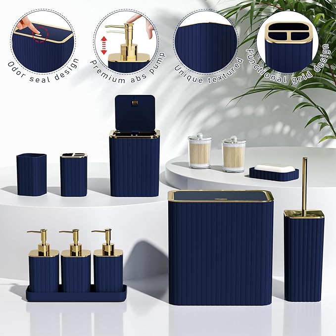 Bathroom Accessory Set - Bathroom Set, 27PC Bathroom Accessories Set, Navy Blue Bathroom Sets with Shower Curtain and Rugs, Mini Trash Can, Toilet Brush, Trash Can & Soap Dispenser