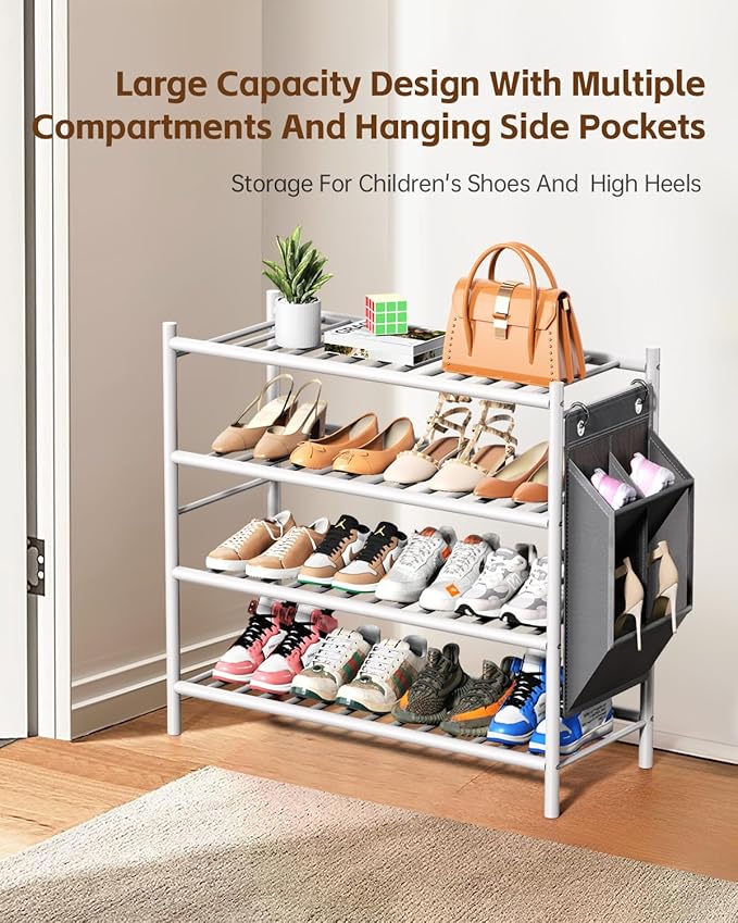 Bamboo Shoe Rack for Closet Small Wooden Shoe Organizer with Pouch, Sturdy Wood Shoe Shelf for Front Door Entrance Entryway and Outdoor, 26 inch Wide (White, 4-Tier)
