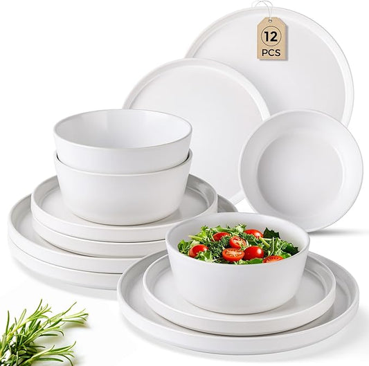 AmorArc Ceramic Dinnerware Sets for 4,Stoneware Plates and Bowls Sets,Chip and Crack Resistant | Dishwasher & Microwave Safe Ceramic Dishes,Service for 4 (12pc)-White