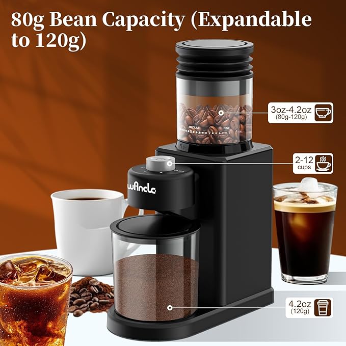 Wancle Coffee Grinder, Electric Conical Burr Coffee Bean Grinder, 25 Grind Settings-Adjustable for Espresso French Press Drip, 2-12 Cup Capacity, Low Noise, 80g Bean Capacity (Expandable to 120g)